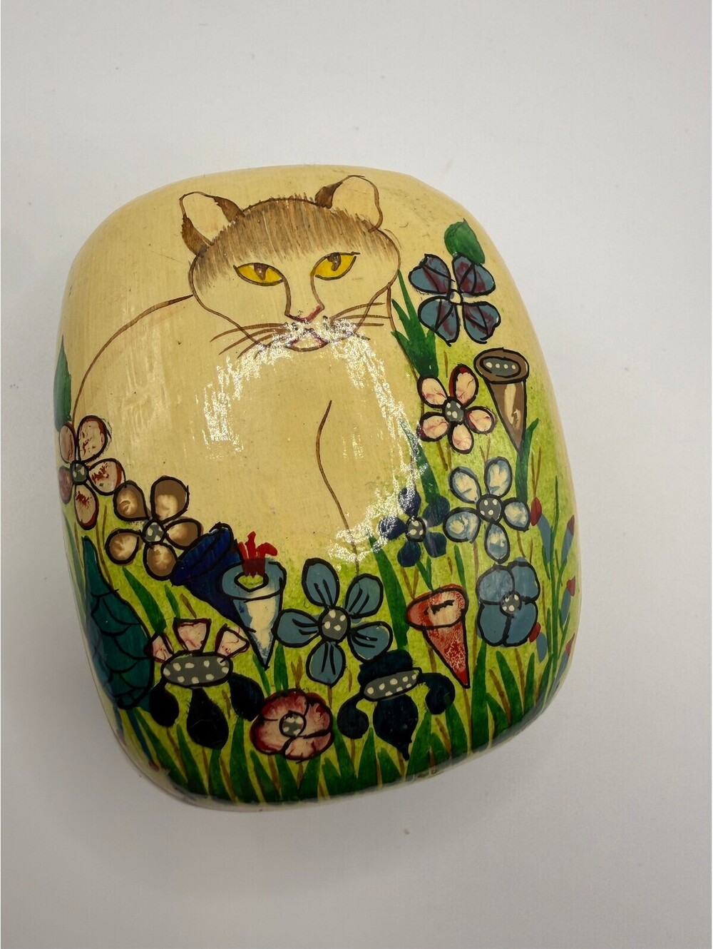 Vintage Hand-Painted Decorative Box with Cat and Floral Design